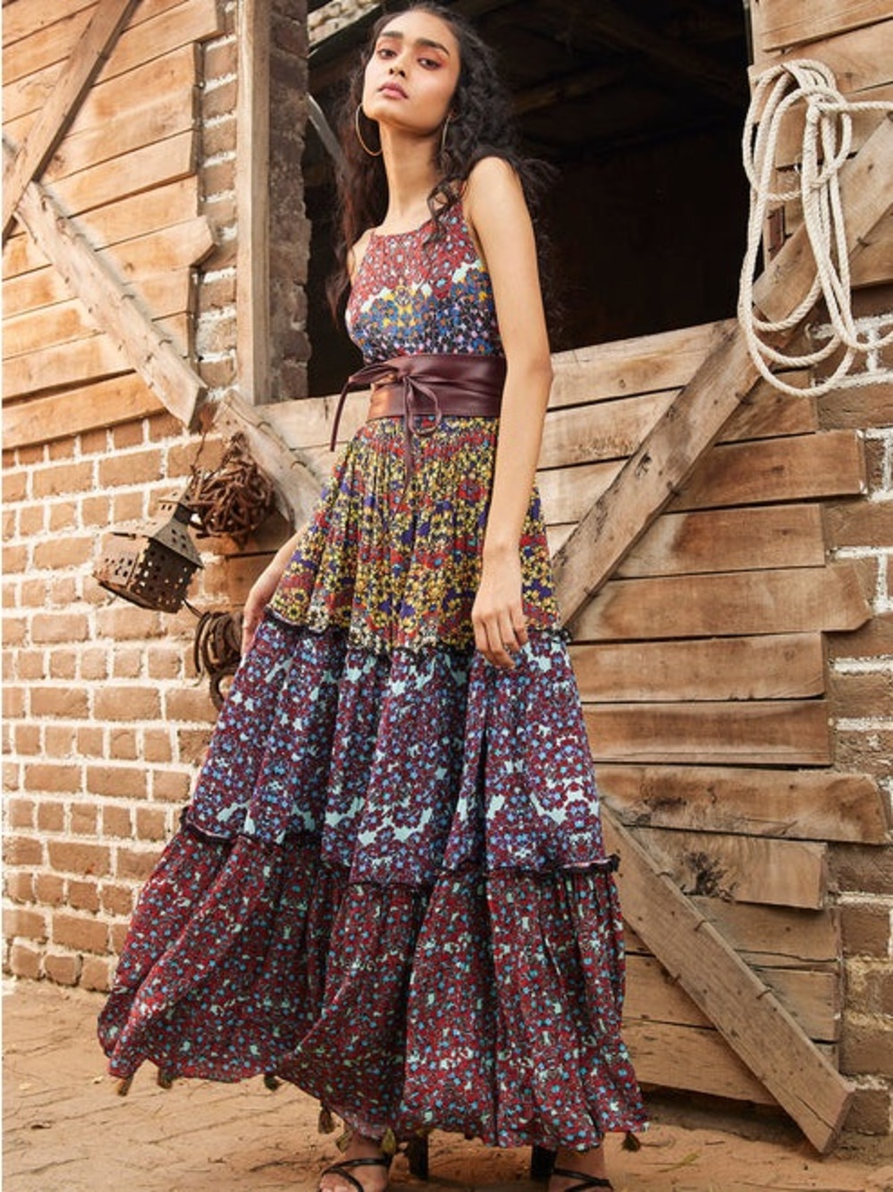 Anthropologie Bohemian dress Tiered Maxi Burgundy Blue exotic Floral Mix 12 L **